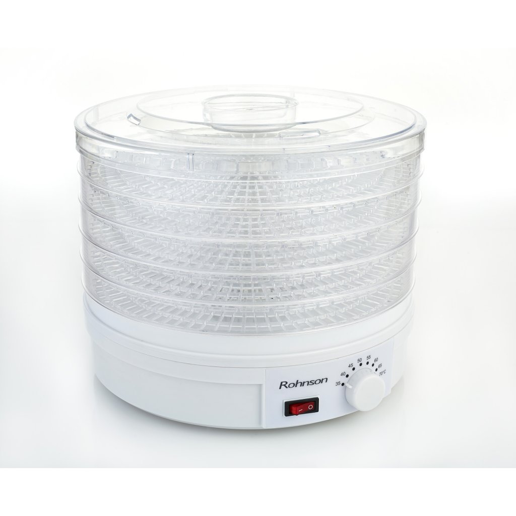 Deshidrator de alimente Rohnson R291, 245W, 5 tavi, tava 2.5cm x ø32cm, 35-70 °C, ventilator, protectie supraincalzire .46dB