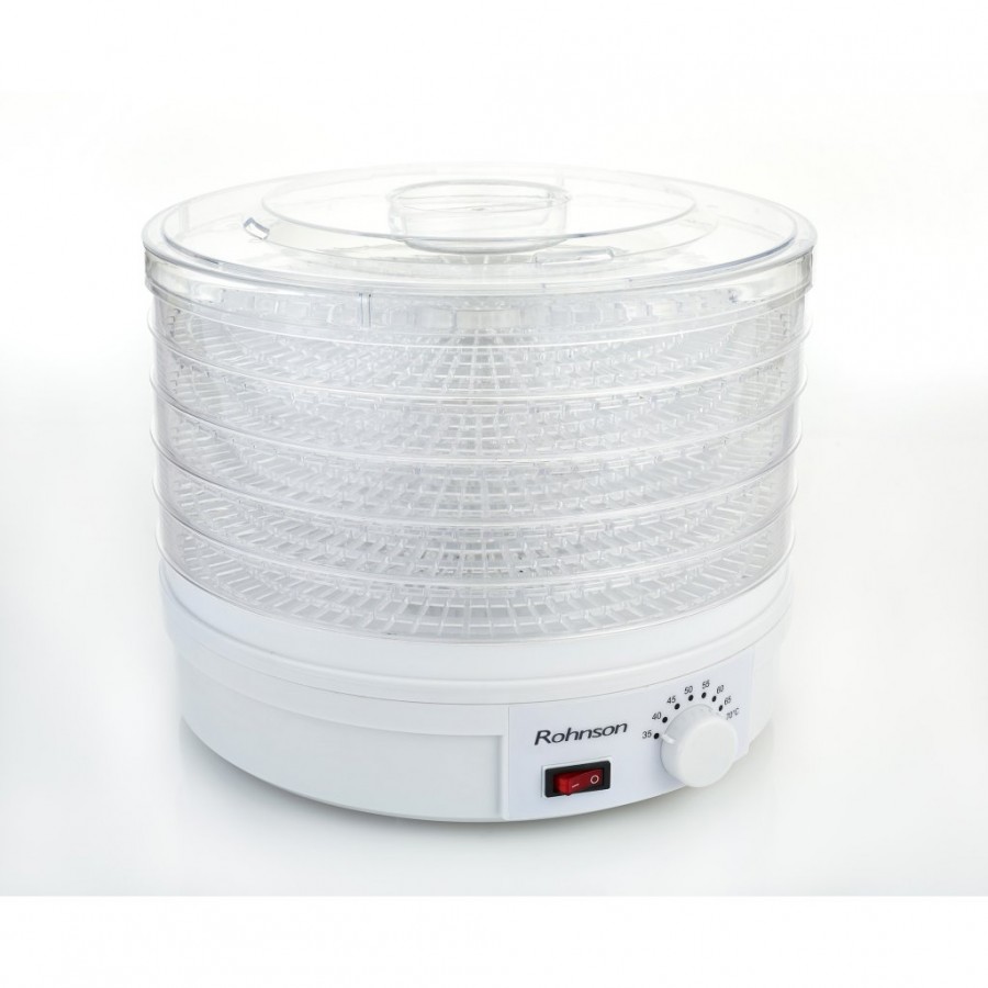 Deshidrator de alimente Rohnson R291, 245W, 5 tavi, tava 2.5cm x ø32cm, 35-70 °C, ventilator, protectie supraincalzire .46dB