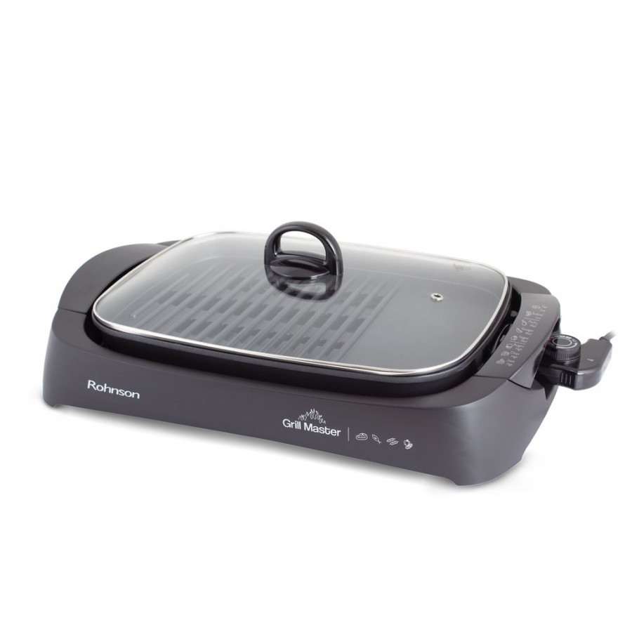 Gratar electric cu capac, Rohnson R2525 Grill Master, 2200W, 30 x 40 cm, termostat detasabil, placa detasabila antiaderenta, tava de picurare, protectie la supraincalzire, termostat detasabil, negru