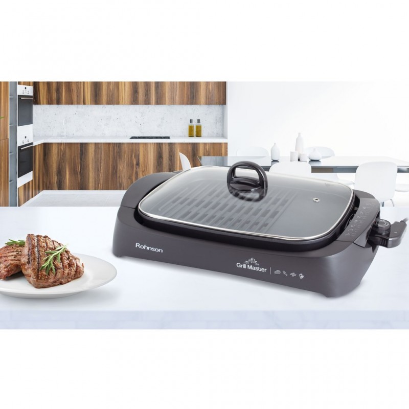 Gratar electric cu capac, Rohnson R2525 Grill Master, 2200W, 30 x 40 cm, termostat detasabil, placa detasabila antiaderenta, tava de picurare, protectie la supraincalzire, termostat detasabil, negru Gratar electric cu capac, Rohnson R2525 Grill Master, 2200W, 30 x 40 cm, termostat detasabil, placa detasabila antiaderenta, tava de picurare, protectie la supraincalzire, termostat detasabil, negru