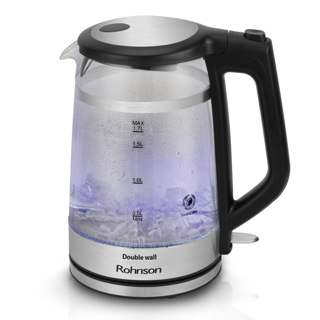 Fierbator Rohnson R7645, Double Wall, 2200W, 1.7L, oprire automata, baza rotativă la 360°, corp din sticla