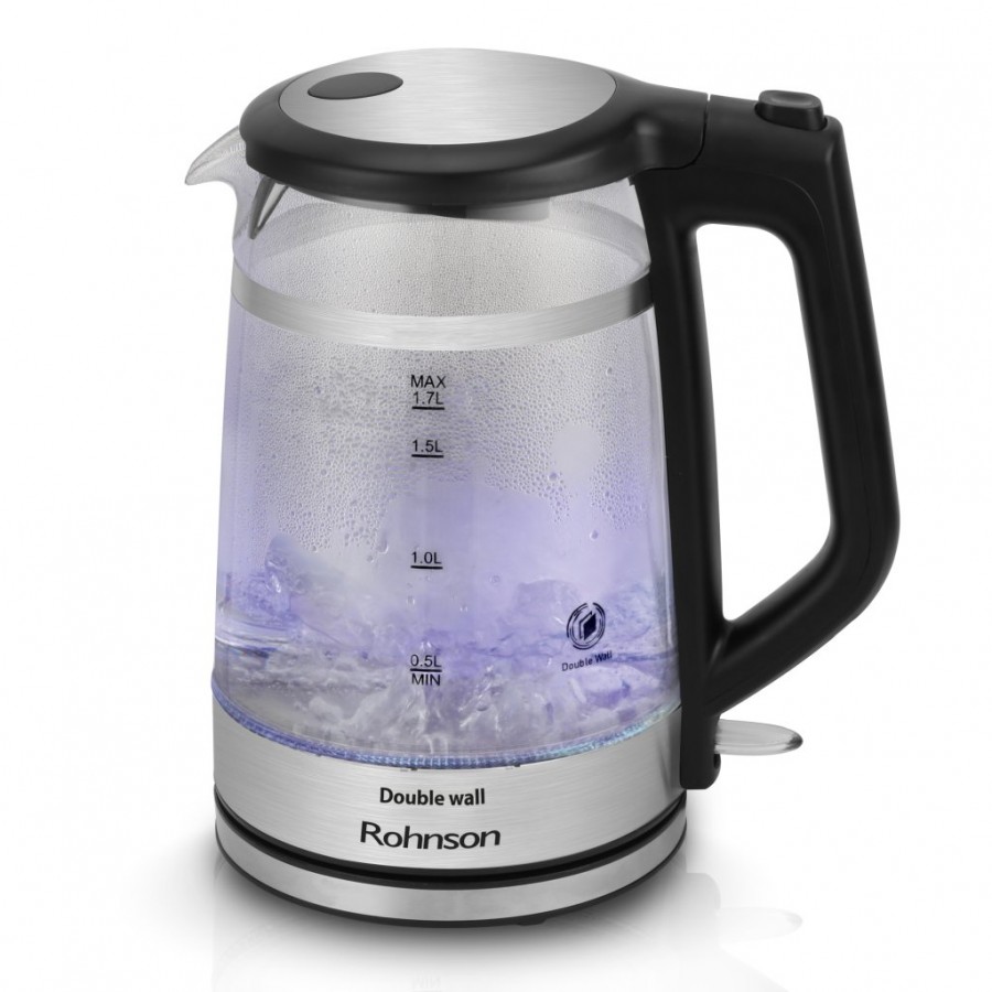 Fierbator Rohnson R7645, Double Wall, 2200W, 1.7L, oprire automata, baza rotativă la 360°, corp din sticla