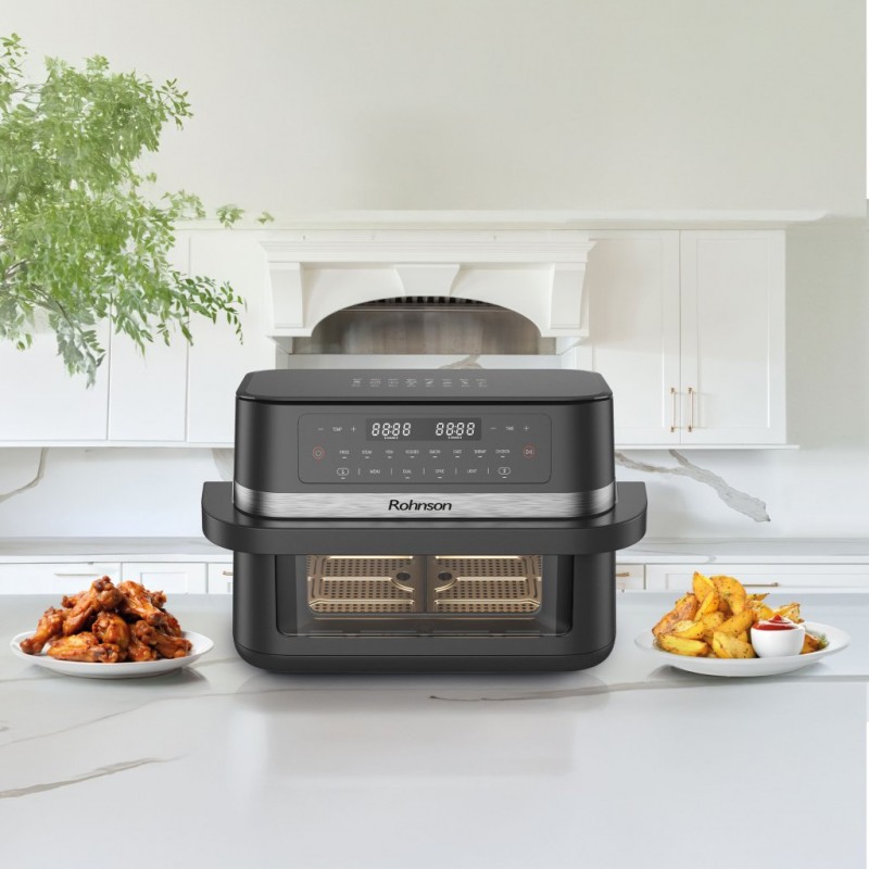 Friteuza cu aer cald 2 in 1 Rohnson R2881 11L,2x5.75l, 2950W, temporizator1-60 min, 8 programe,panou tactil digital LED,3D la 360°, iluminare interioara, protectie supraincalzire ,maner izolat termic Friteuza cu aer cald 2 in 1 Rohnson R2881 11L,2x5.75l, 2950W, temporizator1-60 min, 8 programe,panou tactil digital LED,3D la 360°, iluminare interioara, protectie supraincalzire ,maner izolat termic