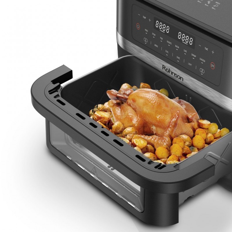 Friteuza cu aer cald 2 in 1 Rohnson R2881 11L,2x5.75l, 2950W, temporizator1-60 min, 8 programe,panou tactil digital LED,3D la 360°, iluminare interioara, protectie supraincalzire ,maner izolat termic Friteuza cu aer cald 2 in 1 Rohnson R2881 11L,2x5.75l, 2950W, temporizator1-60 min, 8 programe,panou tactil digital LED,3D la 360°, iluminare interioara, protectie supraincalzire ,maner izolat termic
