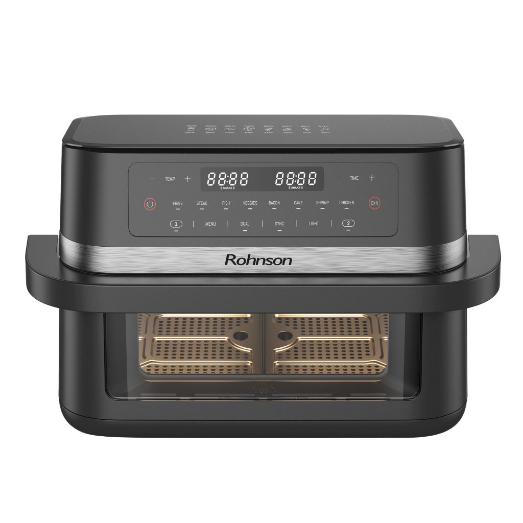Friteuza cu aer cald 2 in 1 Rohnson R2881 11L,2x5.75l, 2950W, temporizator1-60 min, 8 programe,panou tactil digital LED,3D la 360°, iluminare