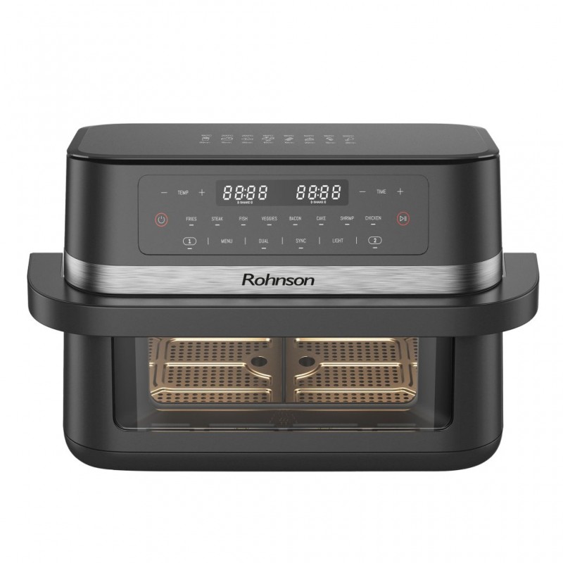 Friteuza cu aer cald 2 in 1 Rohnson R2881 11L,2x5.75l, 2950W, temporizator1-60 min, 8 programe,panou tactil digital LED,3D la 360°, iluminare interioara, protectie supraincalzire ,maner izolat termic Friteuza cu aer cald 2 in 1 Rohnson R2881 11L,2x5.75l, 2950W, temporizator1-60 min, 8 programe,panou tactil digital LED,3D la 360°, iluminare interioara, protectie supraincalzire ,maner izolat termic
