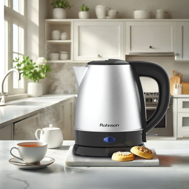 Fierbator electric Rohnson R7621,1800W, 1,2 L, baza rotunda pivotanta 360°, oprire automata, protectie supraincalzire, inox
