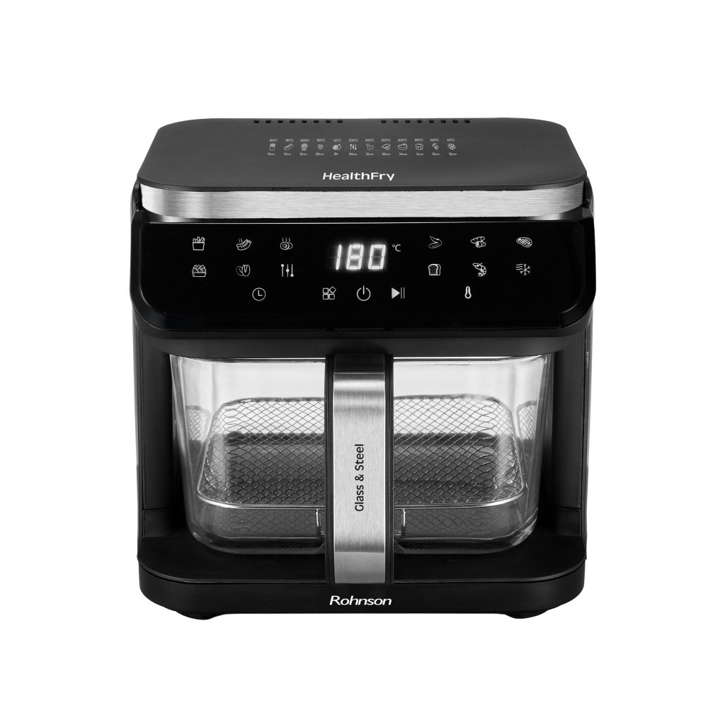 Friteuză cu aer cald R-2890, sticlă și oțel, HealthFry , 5,5 l, 1400W, timer1-60 min, panou tactil LED ,12 programe presetate.