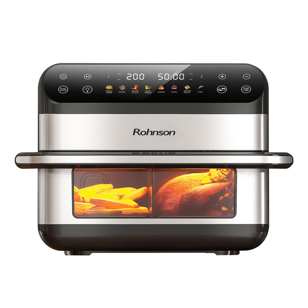 Friteuza cu aer cald 2 in 1 Rohnson R2891 2x5L, 2400W, timer 1h 80-200°C, panou tactil digital LED, 8 programe, 3D la 360°, iluminare interioara, 