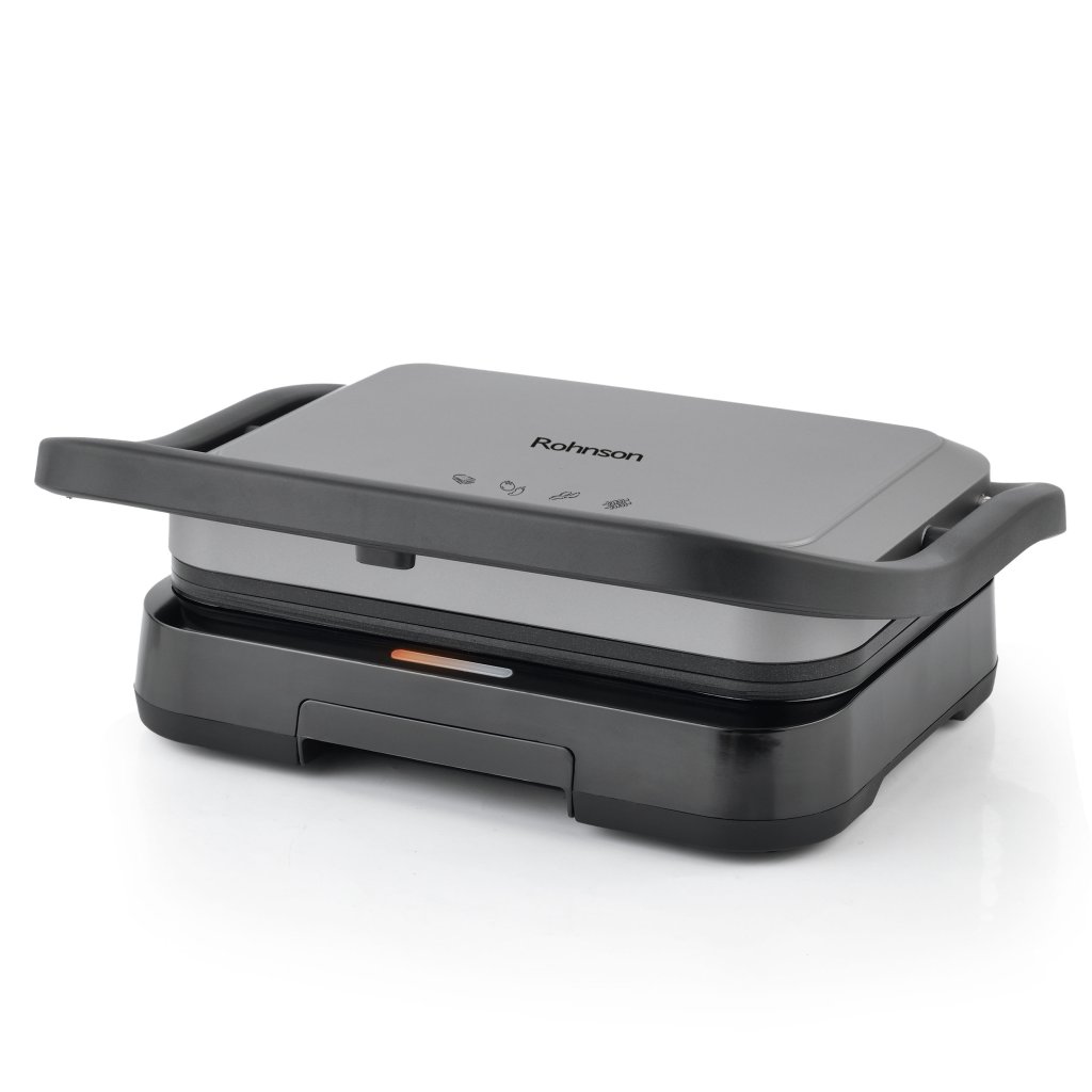 Panini grill Rohnson R2759, placi antiaderente aluminiu turnat , 25.7 x 17.5 cm, 1200W, deschidere la 180 de grade, termostat, protectie la 
