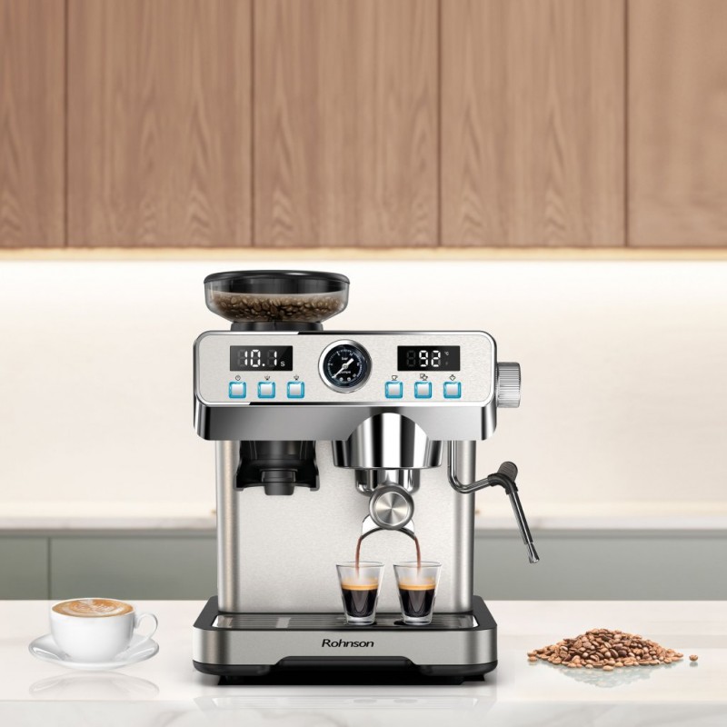 Espressor  cu râșniță 2 în 1 Rohnson R98150,1350W, cafea boabe, putere macinare 120W,2L, 20bar,tactil ,77dB, sistem control temperatura NTC, 20 nivele macinare Espressor  cu râșniță 2 în 1 Rohnson R98150,1350W, cafea boabe, putere macinare 120W,2L, 20bar,tactil ,77dB, sistem control temperatura NTC, 20 nivele macinare