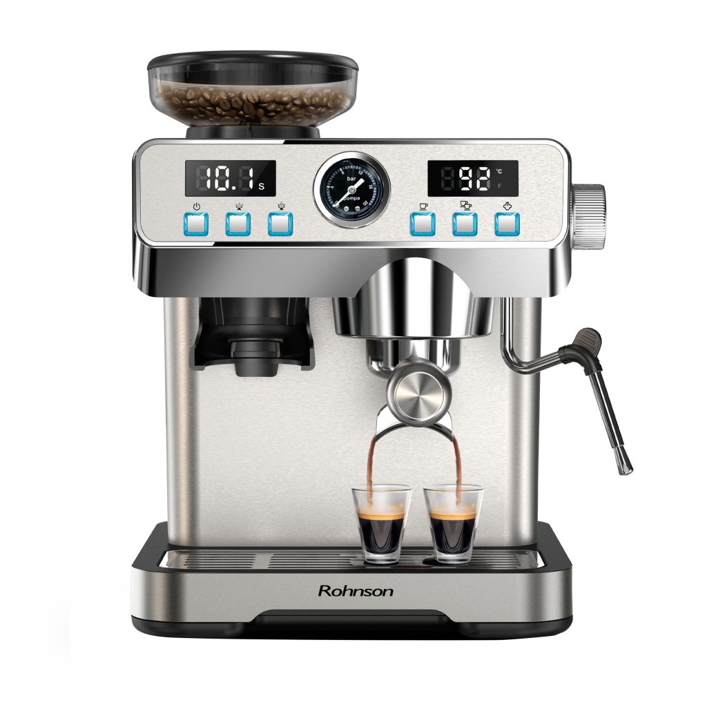 Espressor cu râșniță 2 în 1 Rohnson R98150,1350W, cafea boabe, putere macinare 120W,2L, 20bar,tactil ,77dB, sistem control temperatura NTC, 20 nivele 