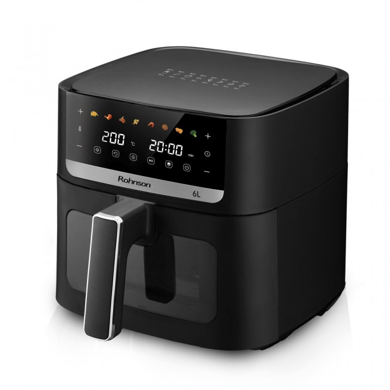 Friteuza cu aer cald Rohnson R2883, 6L, 1500W, timer 1h, 80-200 °C, Panou tactil digital LED, 8 programe, sistem 3D la 360°, fereastra dubla, iluminare interioara,
