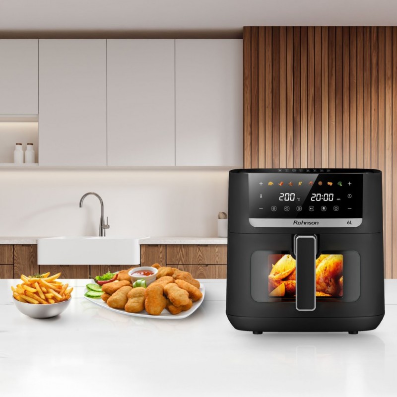 Friteuza cu aer cald Rohnson R2883, 6L, 1500W, timer 1h, 80-200 °C, Panou tactil digital LED, 8 programe, sistem 3D la 360°, fereastra dubla, iluminare interioara,