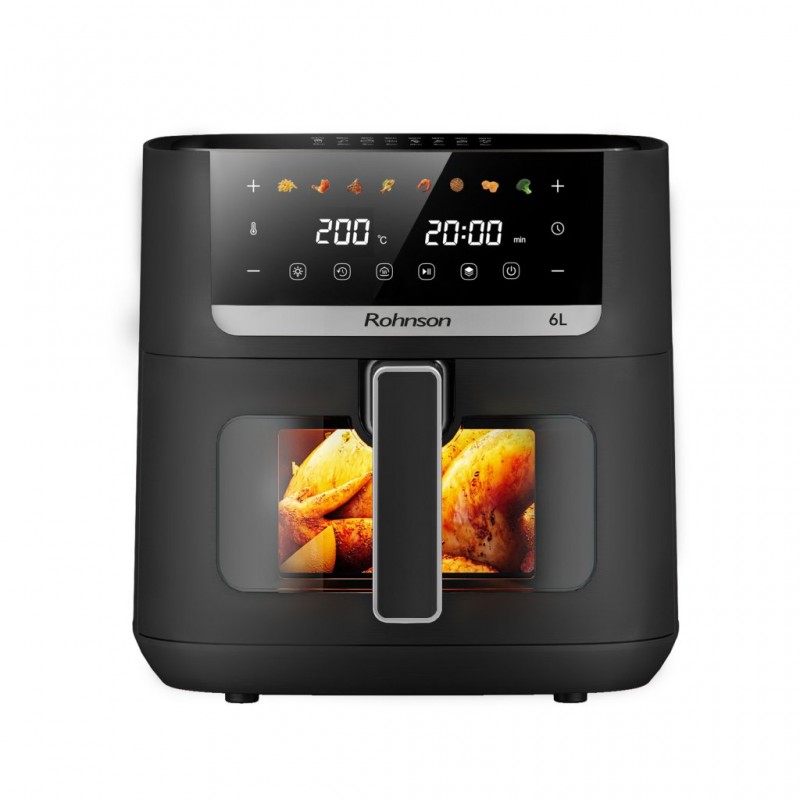 Friteuza cu aer cald Rohnson R2883, 6L, 1500W, timer 1h, 80-200 °C, Panou tactil digital LED, 8 programe, sistem 3D la 360°, fereastra dubla, iluminare interioara,