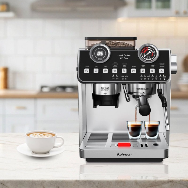 Espressor cu râșniță 2 în 1 Rohnson R98200,2800W, cafea boabe 250g , putere macinare 150W,2.2L, 20bar,tactil ,85dB, sistem control temperatura NTC,30 nivele macinare Espressor cu râșniță 2 în 1 Rohnson R98200,2800W, cafea boabe 250g , putere macinare 150W,2.2L, 20bar,tactil ,85dB, sistem control temperatura NTC,30 nivele macinare