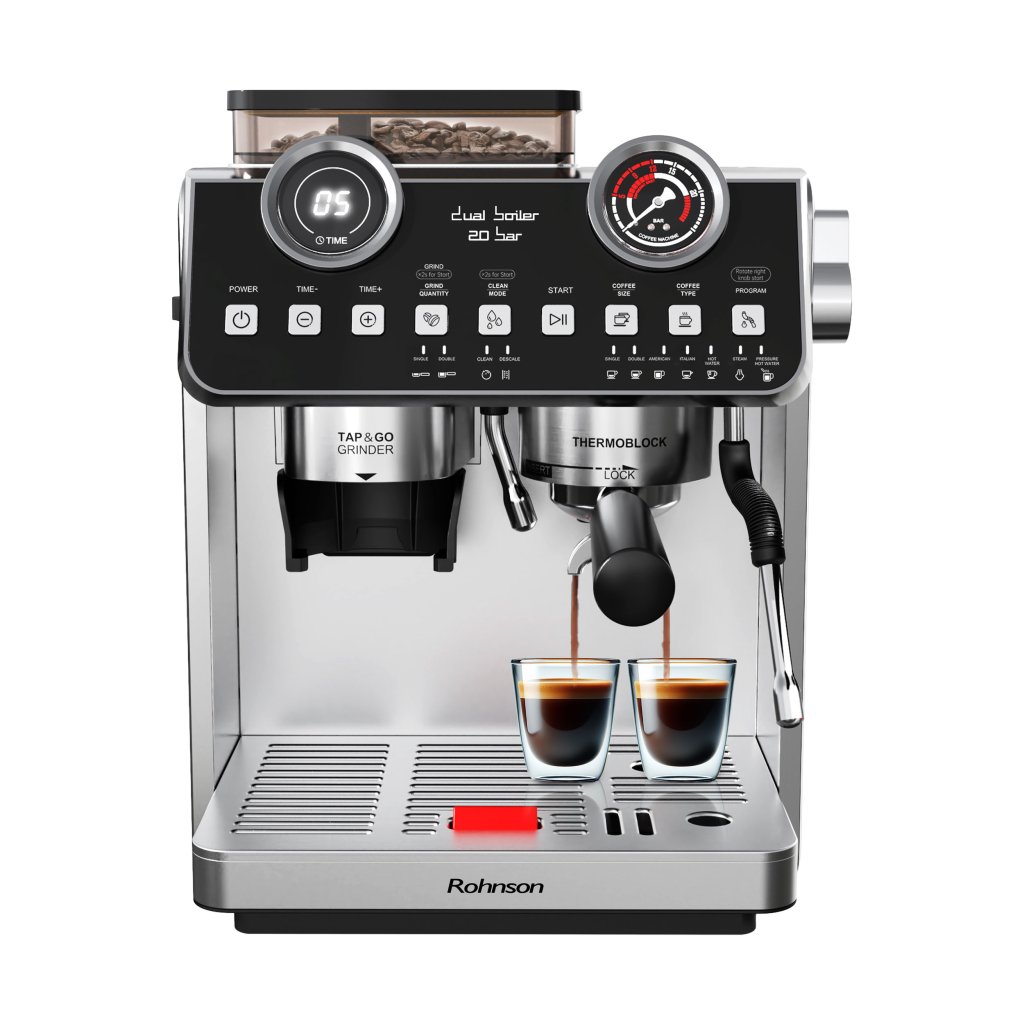 Espressor cu râșniță 2 în 1 Rohnson R98200,2800W, cafea boabe 250g , putere macinare 150W,2.2L, 20bar,tactil ,85dB, sistem control temperatura NTC,30 