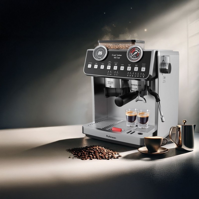 Espressor cu râșniță 2 în 1 Rohnson R98200,2800W, cafea boabe 250g , putere macinare 150W,2.2L, 20bar,tactil ,85dB, sistem control temperatura NTC,30 nivele macinare Espressor cu râșniță 2 în 1 Rohnson R98200,2800W, cafea boabe 250g , putere macinare 150W,2.2L, 20bar,tactil ,85dB, sistem control temperatura NTC,30 nivele macinare