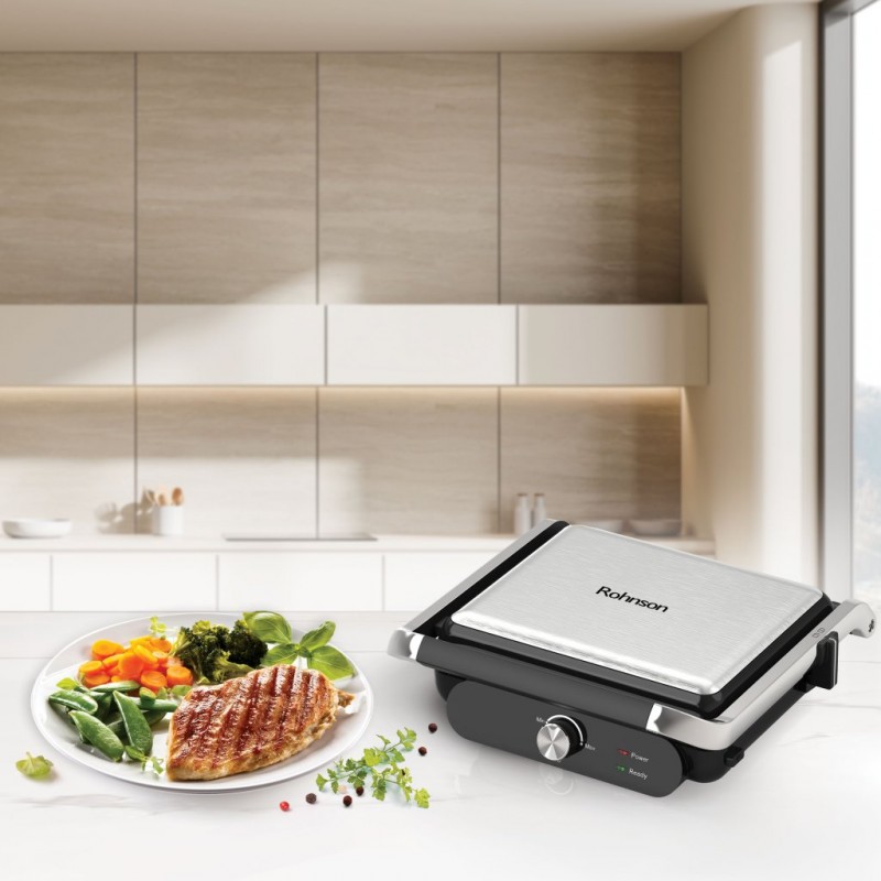 Grill electric Rohnson R2345, 2000W, placi detasabile ceramice 28 x 23cm, termostat reglabil, posibilitate deschidere la 180°, maner termoizolat, blocare maner, indicatii luminoase, protectie la supraincalzire Grill electric Rohnson R2345, 2000W, placi detasabile ceramice 28 x 23cm, termostat reglabil, posibilitate deschidere la 180°, maner termoizolat, blocare maner, indicatii luminoase, protectie la supraincalzire