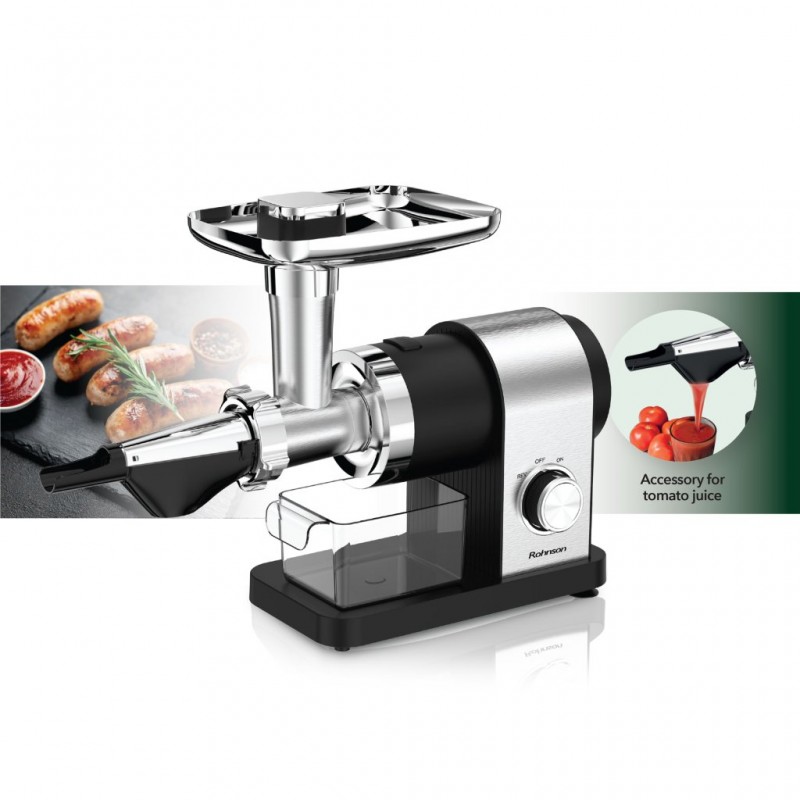 Masina de tocat electrica 2 in 1, Rohnson R5425, motor integral cupru, 2000W, accesorii de rosii, carnati, cutit inox, 3 site,2kg/min, 75 dB
