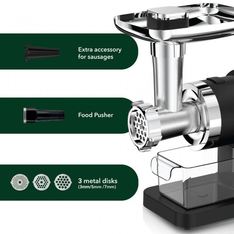 Masina de tocat electrica 2 in 1, Rohnson R5425, motor integral cupru, 2000W, accesorii de rosii, carnati, cutit inox, 3 site,2kg/min, 75 dB