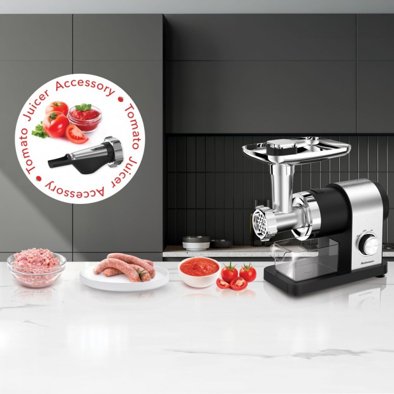 Masina de tocat electrica 2 in 1, Rohnson R5425, motor integral cupru, 2000W, accesorii de rosii, carnati, cutit inox, 3 site,2kg/min, 75 dB