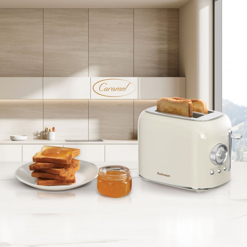 Toaster Rohnson R2217 Caramel, 800W, 2 sloturi, 7 trepte, dezghetare, incalzire,  anulare, centrare automata a painii , tava firimituri, oprire automata, protecție la supraîncălzire, depozitare cablu, culoare crem