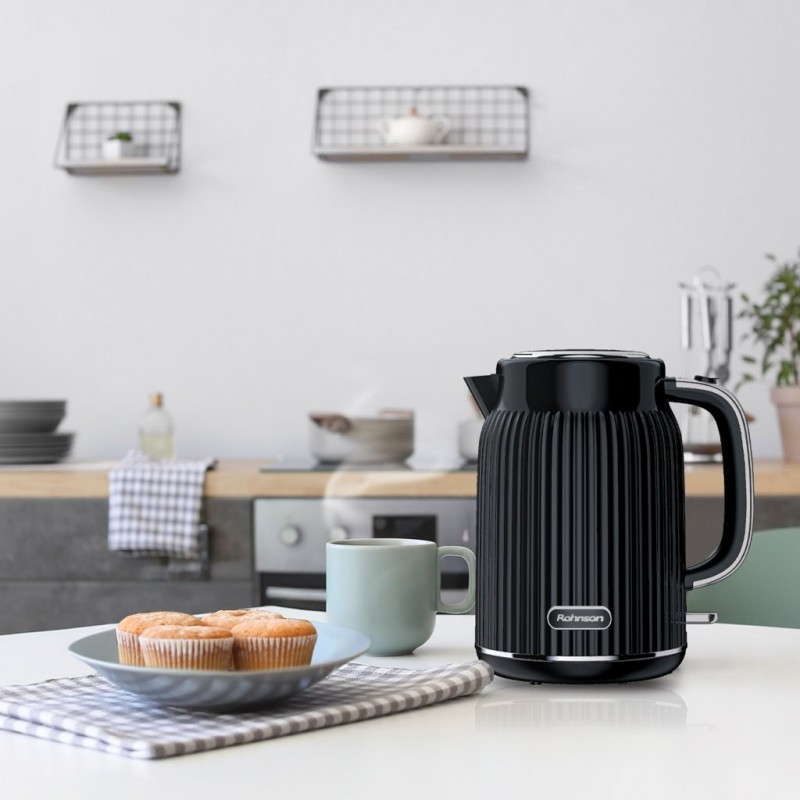 Fierbator electric Rohnson R7711, 1850-2200W, 1.7 l, baza rotativa, filtru anticalcar, protectie anti-fierbere uscata, protectie supraincalzire, oprire automata, conector Strix, culoare neagra