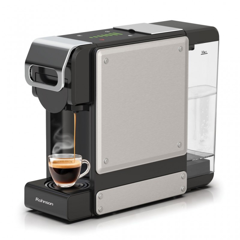 Espressor manual extra slim 2 in 1 (capsule, cafea macinata), Rohnson R98054, 1450 W, 19 bar, 1 L, 7 niveluri cantitate cafea, sistem de detartrare, ERP, oprire automata, negru/argintiu Espressor manual extra slim 2 in 1 (capsule, cafea macinata), Rohnson R98054, 1450 W, 19 bar, 1 L, 7 niveluri cantitate cafea, sistem de detartrare, ERP, oprire automata, negru/argintiu