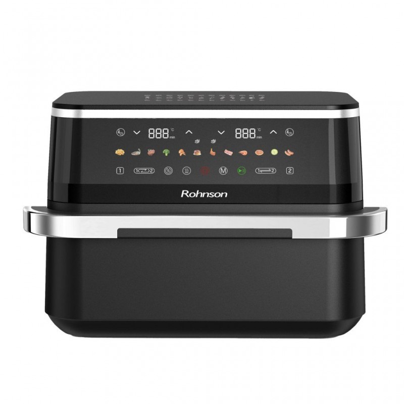 Friteuza cu aer cald 2 in 1 Rohnson R28019, 2x4.5L,3100W, timer 60 min, 80-200°C, panou tactil digital LED, 12 programe, 3D la 360°, protectie supraincalzire, oprire automata Friteuza cu aer cald 2 in 1 Rohnson R28019, 2x4.5L,3100W, timer 60 min, 80-200°C, panou tactil digital LED, 12 programe, 3D la 360°, protectie supraincalzire, oprire automata