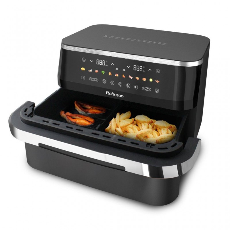 Friteuza cu aer cald 2 in 1 Rohnson R28019, 2x4.5L,3100W, timer 60 min, 80-200°C, panou tactil digital LED, 12 programe, 3D la 360°, protectie supraincalzire, oprire automata Friteuza cu aer cald 2 in 1 Rohnson R28019, 2x4.5L,3100W, timer 60 min, 80-200°C, panou tactil digital LED, 12 programe, 3D la 360°, protectie supraincalzire, oprire automata