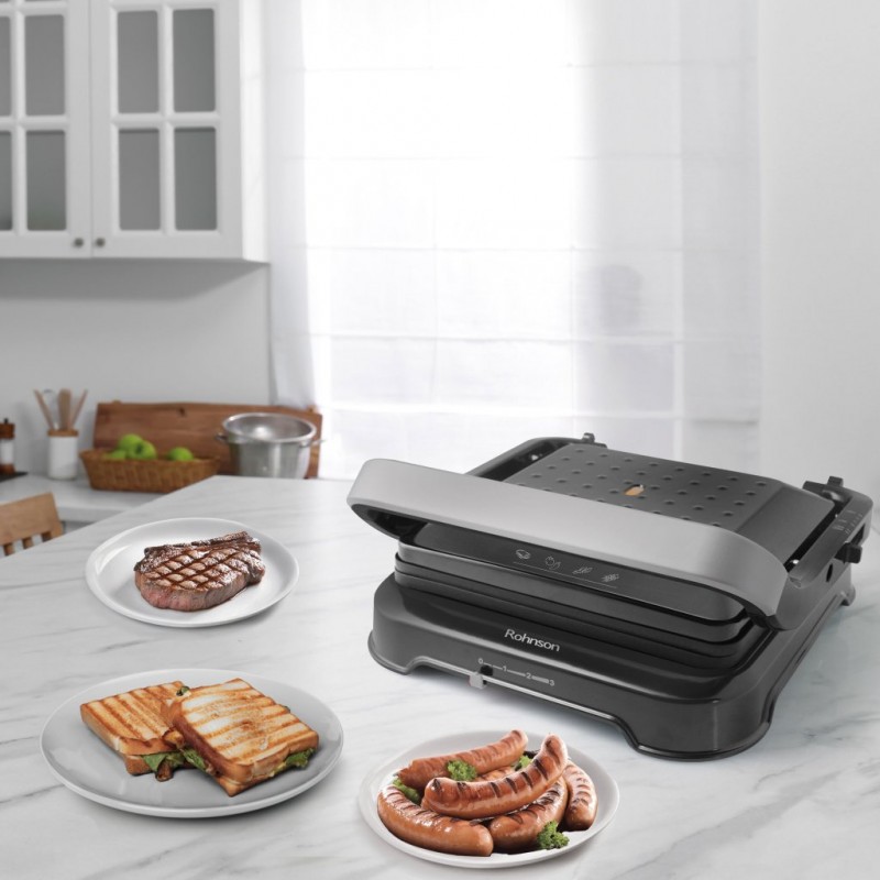 Grill electric, Rohnson R2344, 2200W, placi antiaderente 30 x 26 cm, termostat reglabil 3 niveluri, posibilitate deschidere la 180°, maner termoizolant , tava de scurgere detasabila . Grill electric, Rohnson R2344, 2200W, placi antiaderente 30 x 26 cm, termostat reglabil 3 niveluri, posibilitate deschidere la 180°, maner termoizolant , tava de scurgere detasabila .