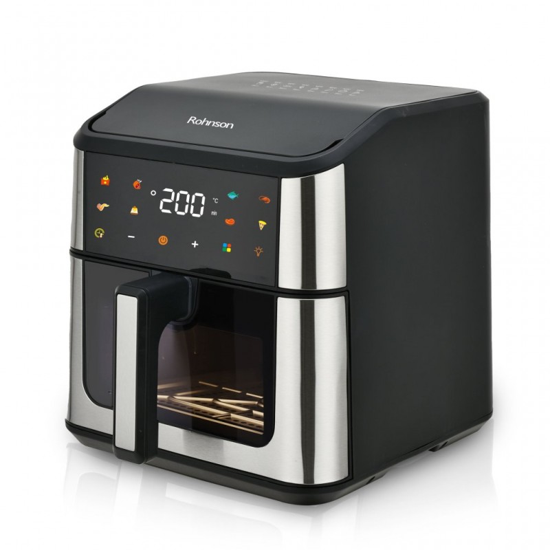 Friteuza cu aer cald Rohnson R2874, 1500W, 8 L, Panou tactil digital LED, 8 programe automate, timer 60 min, 80-200 ° C, maner termoizolat, protectie supraincalzire, oprire automata, vizor de sticlă Friteuza cu aer cald Rohnson R2874, 1500W, 8 L, Panou tactil digital LED, 8 programe automate, timer 60 min, 80-200 ° C, maner termoizolat, protectie supraincalzire, oprire automata, vizor de sticlă