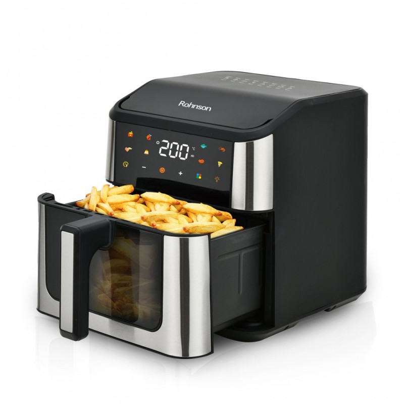 Friteuza cu aer cald Rohnson R2874, 1500W, 8 L, Panou tactil digital LED, 8 programe automate, timer 60 min, 80-200 ° C, maner termoizolat, protectie supraincalzire, oprire automata, vizor de sticlă Friteuza cu aer cald Rohnson R2874, 1500W, 8 L, Panou tactil digital LED, 8 programe automate, timer 60 min, 80-200 ° C, maner termoizolat, protectie supraincalzire, oprire automata, vizor de sticlă
