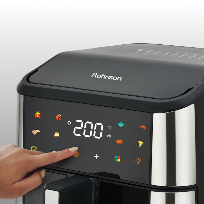 Friteuza cu aer cald Rohnson R2874, 1500W, 8 L, Panou tactil digital LED, 8 programe automate, timer 60 min, 80-200 ° C, maner termoizolat, protectie supraincalzire, oprire automata, vizor de sticlă Friteuza cu aer cald Rohnson R2874, 1500W, 8 L, Panou tactil digital LED, 8 programe automate, timer 60 min, 80-200 ° C, maner termoizolat, protectie supraincalzire, oprire automata, vizor de sticlă