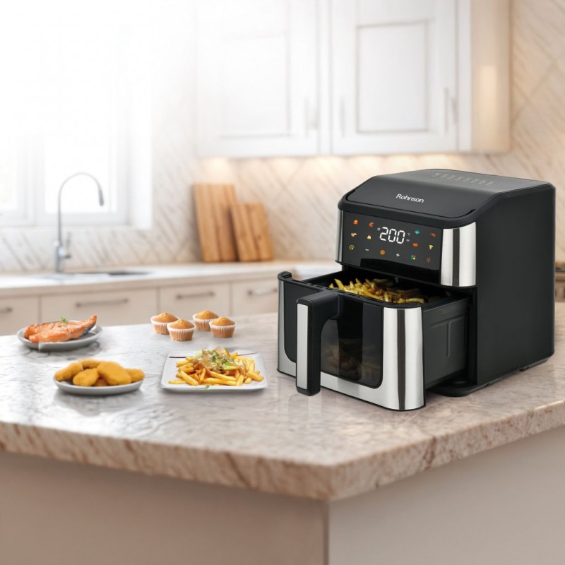 Friteuza cu aer cald Rohnson R2874, 1500W, 8 L, Panou tactil digital LED, 8 programe automate, timer 60 min, 80-200 ° C, maner termoizolat, protectie supraincalzire, oprire automata, vizor de sticlă Friteuza cu aer cald Rohnson R2874, 1500W, 8 L, Panou tactil digital LED, 8 programe automate, timer 60 min, 80-200 ° C, maner termoizolat, protectie supraincalzire, oprire automata, vizor de sticlă
