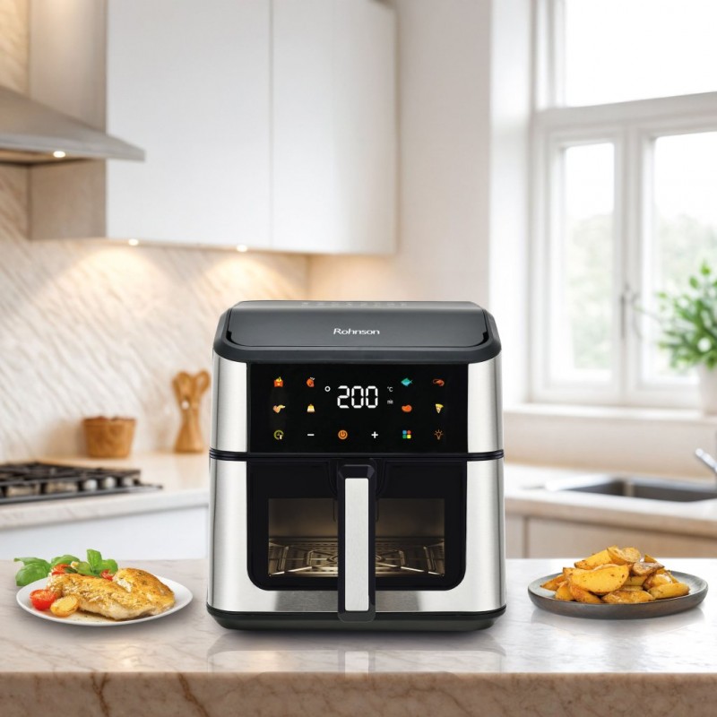 Friteuza cu aer cald Rohnson R2874, 1500W, 8 L, Panou tactil digital LED, 8 programe automate, timer 60 min, 80-200 ° C, maner termoizolat, protectie supraincalzire, oprire automata, vizor de sticlă Friteuza cu aer cald Rohnson R2874, 1500W, 8 L, Panou tactil digital LED, 8 programe automate, timer 60 min, 80-200 ° C, maner termoizolat, protectie supraincalzire, oprire automata, vizor de sticlă