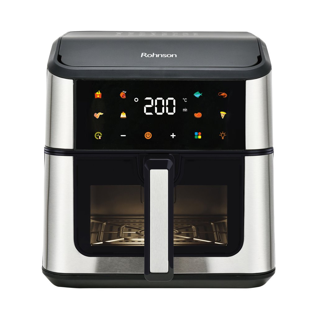 Friteuza cu aer cald Rohnson R2874, 1500W, 8 L, Panou tactil digital LED, 8 programe automate, timer 60 min, 80-200 ° C, maner termoizolat, protectie 