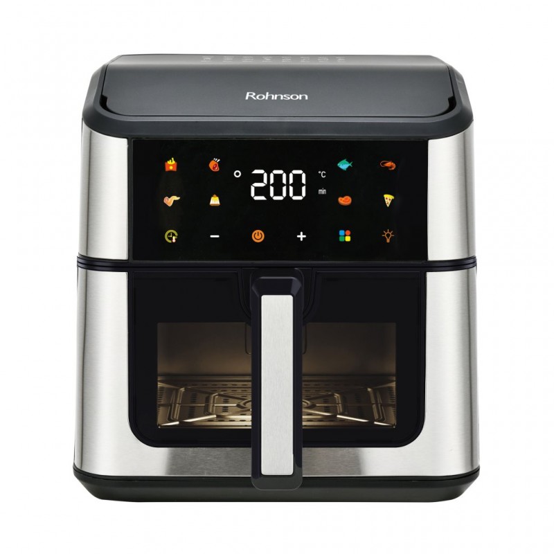 Friteuza cu aer cald Rohnson R2874, 1500W, 8 L, Panou tactil digital LED, 8 programe automate, timer 60 min, 80-200 ° C, maner termoizolat, protectie supraincalzire, oprire automata, vizor de sticlă Friteuza cu aer cald Rohnson R2874, 1500W, 8 L, Panou tactil digital LED, 8 programe automate, timer 60 min, 80-200 ° C, maner termoizolat, protectie supraincalzire, oprire automata, vizor de sticlă