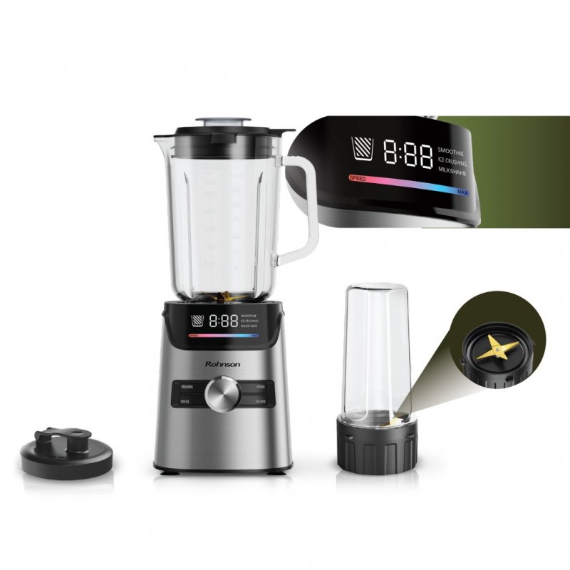 Blender de masa 2 in 1 Rohnson R5348 ,1400W,6 lame acoperite cu titan ,cana mare 1.7L sticla, recipient 600ml cu 4 lame, pulse, panou digital, 3 functii prestabilite