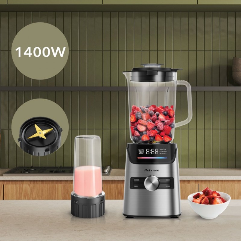 Blender de masa 2 in 1 Rohnson R5348 ,1400W,6 lame acoperite cu titan ,cana mare 1.7L sticla, recipient 600ml cu 4 lame, pulse, panou digital, 3 functii prestabilite