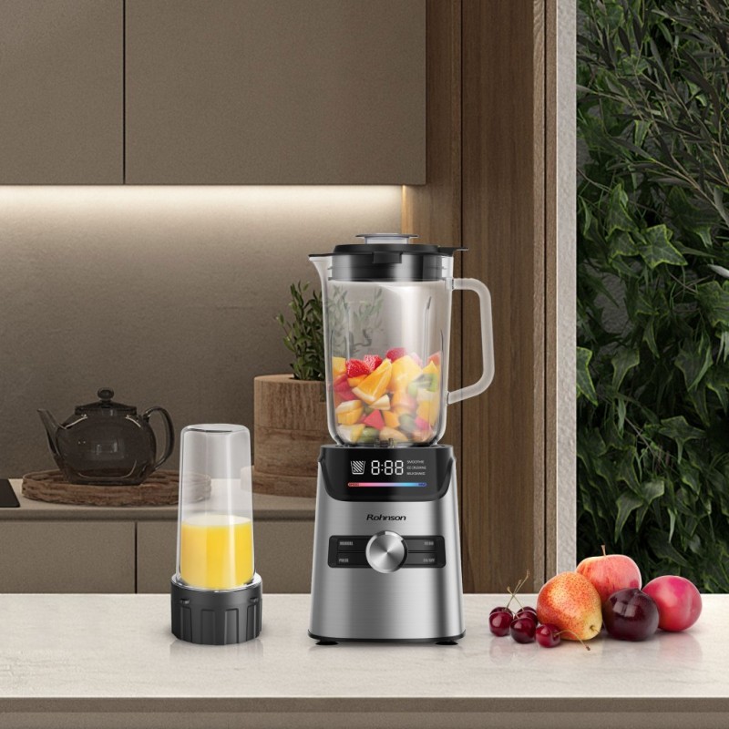 Blender de masa 2 in 1 Rohnson R5348 ,1400W,6 lame acoperite cu titan ,cana mare 1.7L sticla, recipient 600ml cu 4 lame, pulse, panou digital, 3 functii prestabilite