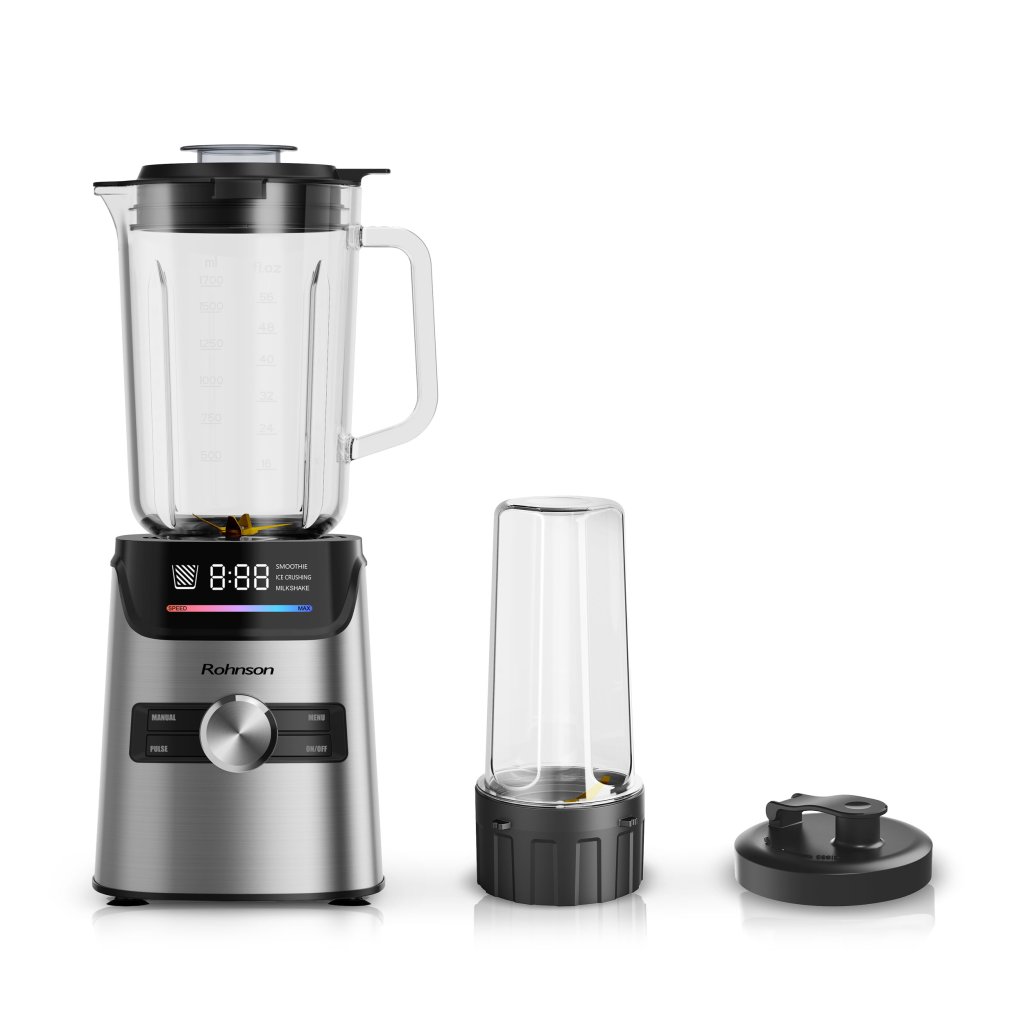 Blender de masa 2 in 1 Rohnson R5348 ,1400W,6 lame acoperite cu titan ,cana mare 1.7L sticla, recipient 600ml cu 4 lame, pulse, panou digital, 3 