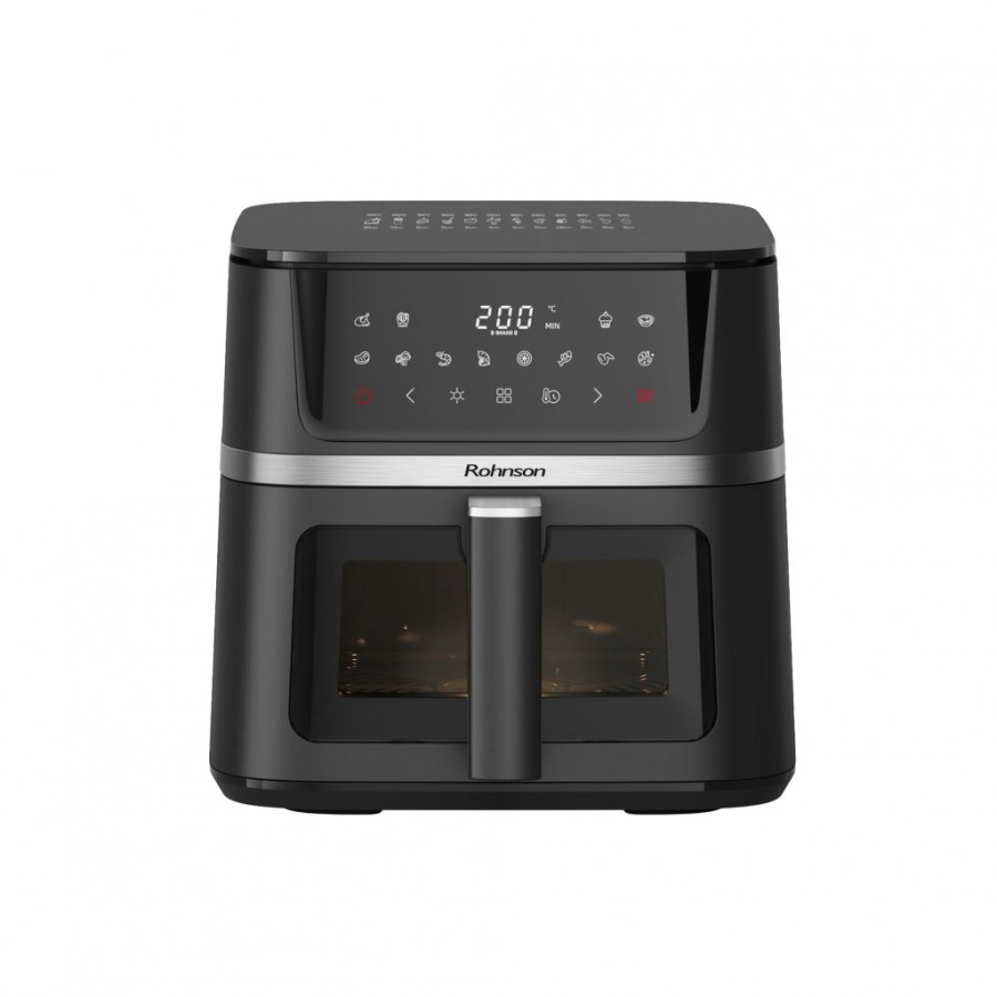 Friteuza cu aer cald Rohnson R28020, 2150W, 10 L, Panou tactil digital LED, 12 programe automate, timer 60 min, 80-200 ° C, maner termoizolat, protectie supraincalzire, oprire automata, vizor de sticlă