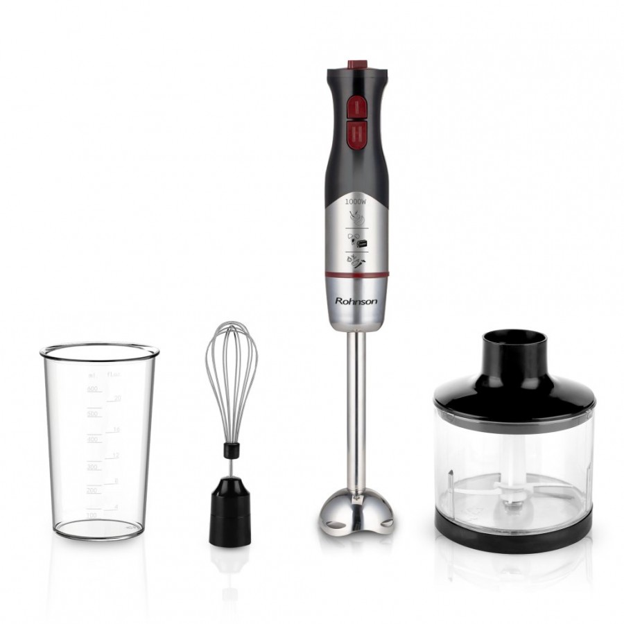 Mixer vertical cu accesorii, Rohnson R5788, 1000W, lame duble Titan, 2 viteze, 75dB, chopper 0.6L cu 2 lame inox, bol gradat 0.5L, tel inox