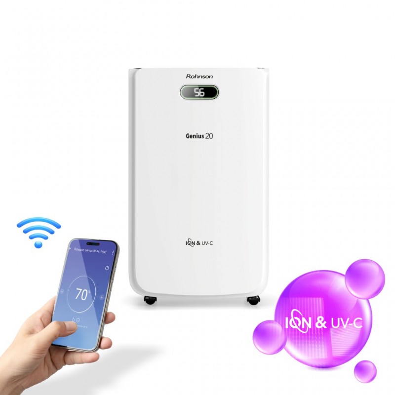 Dezumidificator de aer Rohnson R95020 GENIUS 20,WI-FI , functie de ionizare, 320 W, 120 m², 20 l/24h, Rezervor 6.5 l, 195 m³ / h, Temporizator 1-24 h,  Drenare continua, Oprire automata, Mod de uscare rufe Dezumidificator de aer Rohnson R95020 GENIUS 20,WI-FI , functie de ionizare, 320 W, 120 m², 20 l/24h, Rezervor 6.5 l, 195 m³ / h, Temporizator 1-24 h,  Drenare continua, Oprire automata, Mod de uscare rufe