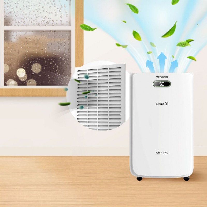 Dezumidificator de aer Rohnson R95020 GENIUS 20,WI-FI , functie de ionizare, 320 W, 120 m², 20 l/24h, Rezervor 6.5 l, 195 m³ / h, Temporizator 1-24 h,  Drenare continua, Oprire automata, Mod de uscare rufe Dezumidificator de aer Rohnson R95020 GENIUS 20,WI-FI , functie de ionizare, 320 W, 120 m², 20 l/24h, Rezervor 6.5 l, 195 m³ / h, Temporizator 1-24 h,  Drenare continua, Oprire automata, Mod de uscare rufe
