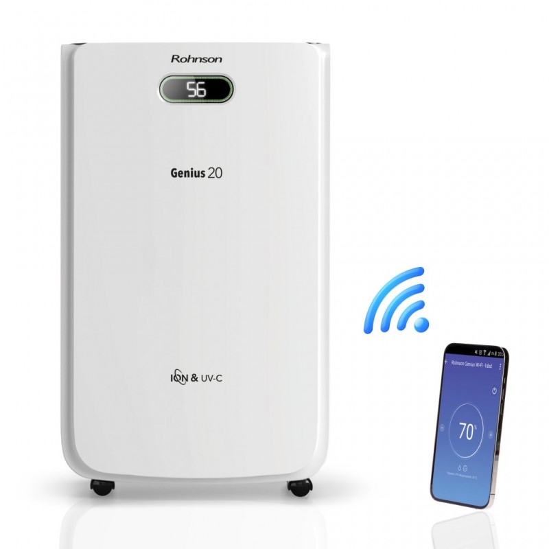 Dezumidificator de aer Rohnson R95020 GENIUS 20,WI-FI , functie de ionizare, 320 W, 120 m², 20 l/24h, Rezervor 6.5 l, 195 m³ / h, Temporizator 1-24 h,  Drenare continua, Oprire automata, Mod de uscare rufe Dezumidificator de aer Rohnson R95020 GENIUS 20,WI-FI , functie de ionizare, 320 W, 120 m², 20 l/24h, Rezervor 6.5 l, 195 m³ / h, Temporizator 1-24 h,  Drenare continua, Oprire automata, Mod de uscare rufe