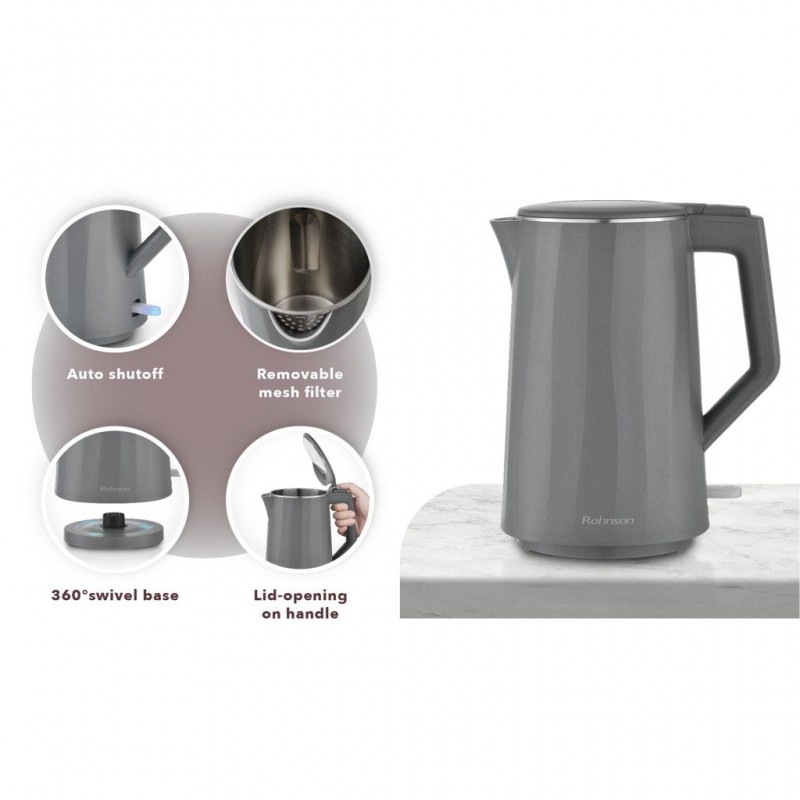 Fierbator electric Rohnson R7536, 1850-2200W, 1.7 l, baza rotativa, filtru anticalcar, protectie anti-fierbere uscata, indicator luminos pornire, oprire automata,gri