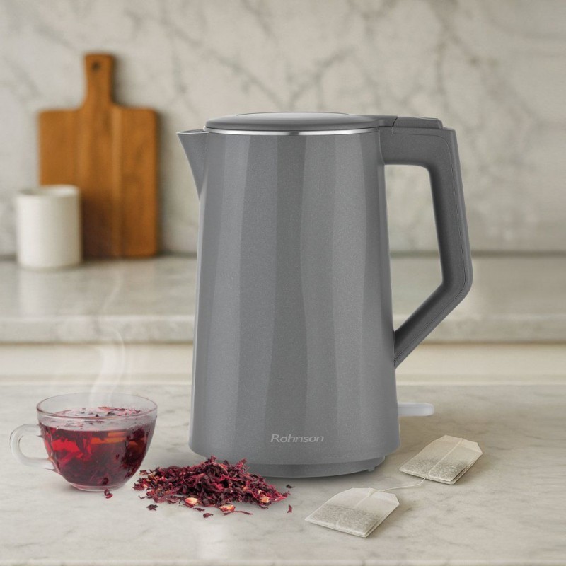 Fierbator electric Rohnson R7536, 1850-2200W, 1.7 l, baza rotativa, filtru anticalcar, protectie anti-fierbere uscata, indicator luminos pornire, oprire automata,gri
